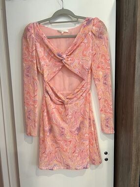 LoveShackFancy Pink Marble-Print Long Sleeve Twist Cutout Mini Dress